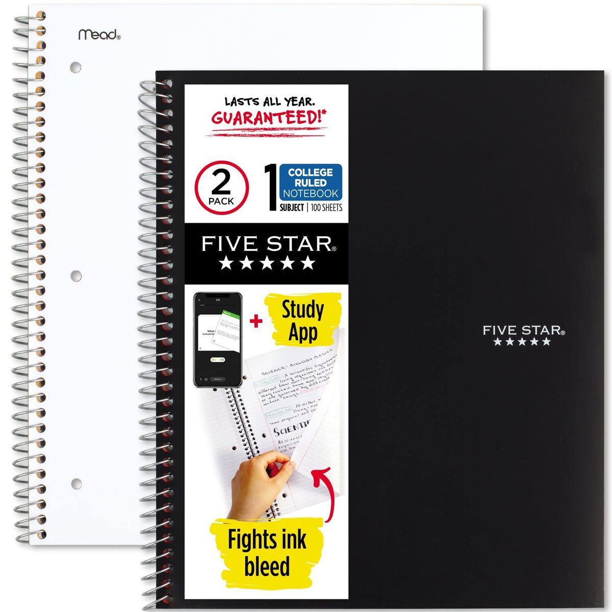 Five Star Spiral Notebooks + Study App, 2 Pack, 1 Subject, College Ruled Paper, 11" x 8-1/2", 100