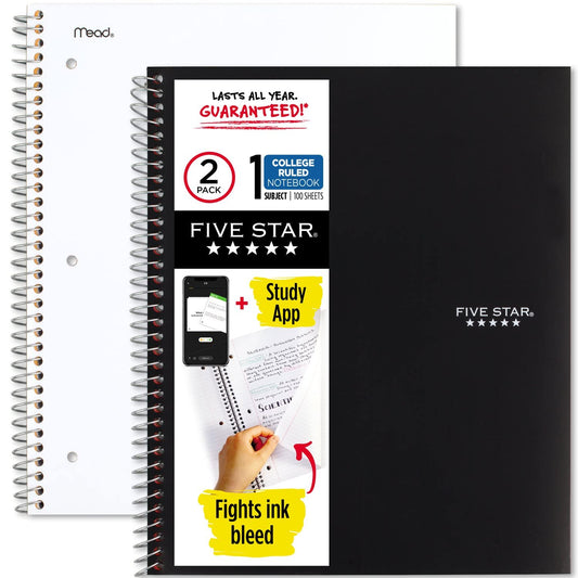 Five Star Spiral Notebooks + Study App, 2 Pack, 1 Subject, College Ruled Paper, 11" x 8-1/2", 100