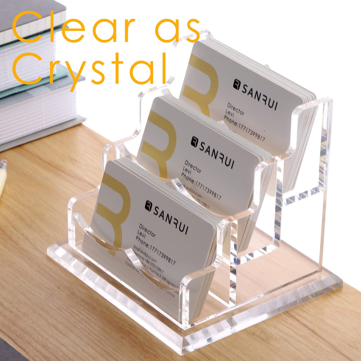 SANRUI Clear Acrylic Business Card Holder for Desk, 3 Slots Horizontal