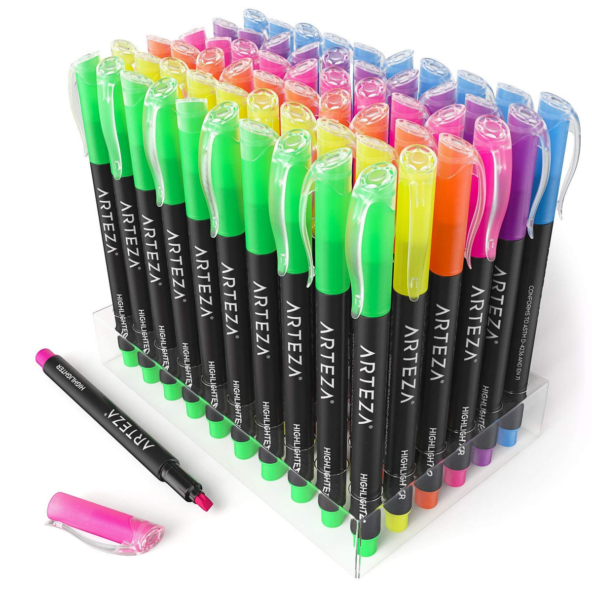 ARTEZA Highlighters – Set of 60 Assorted Neon Colors with Narrow Chisel Tips, Quick-Dry Ink for