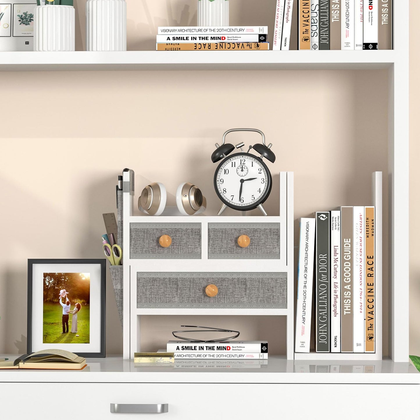 X-cosrack Adjustable Desk Shelves for Storage, Desktop Bookshelf with 3 Drawers, White Wood Desk