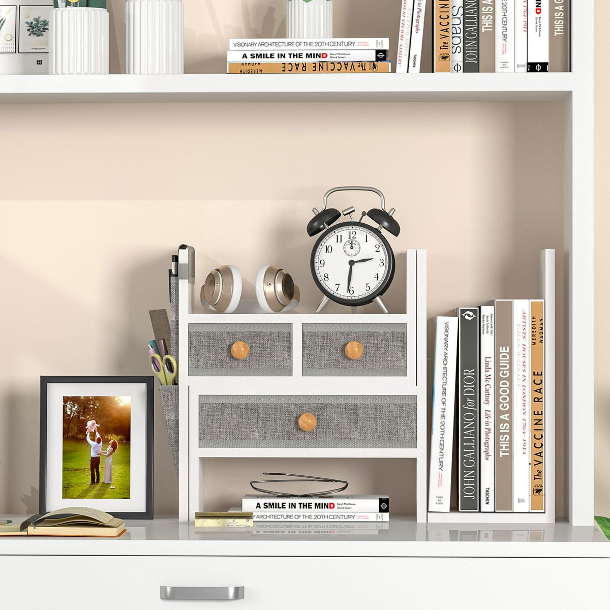 X-cosrack Adjustable Desk Shelves for Storage, Desktop Bookshelf with 3 Drawers, White Wood Desk