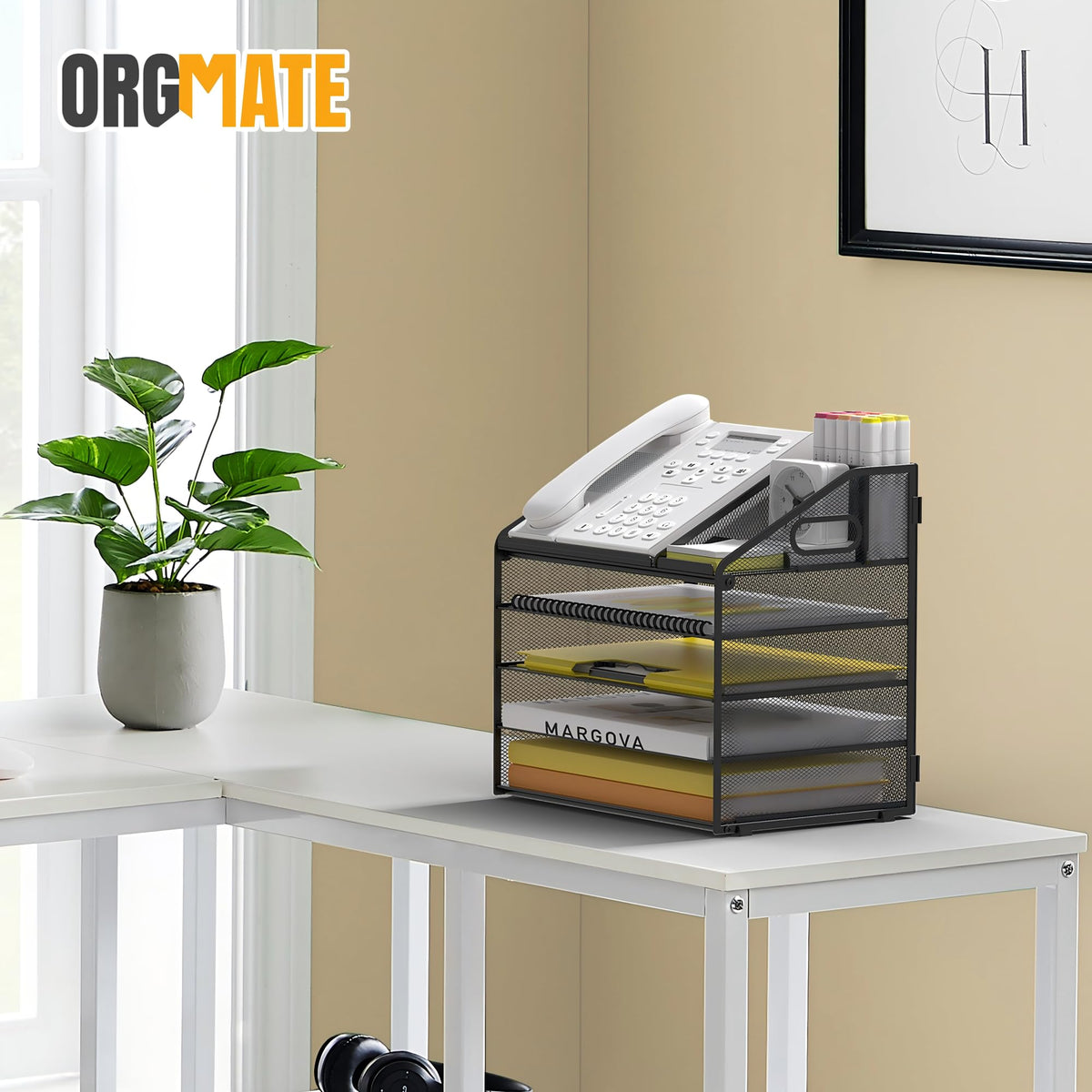 OrgMate 5 Tier Mesh Desk Organizer with Pen Holder and Handle Letter Tray