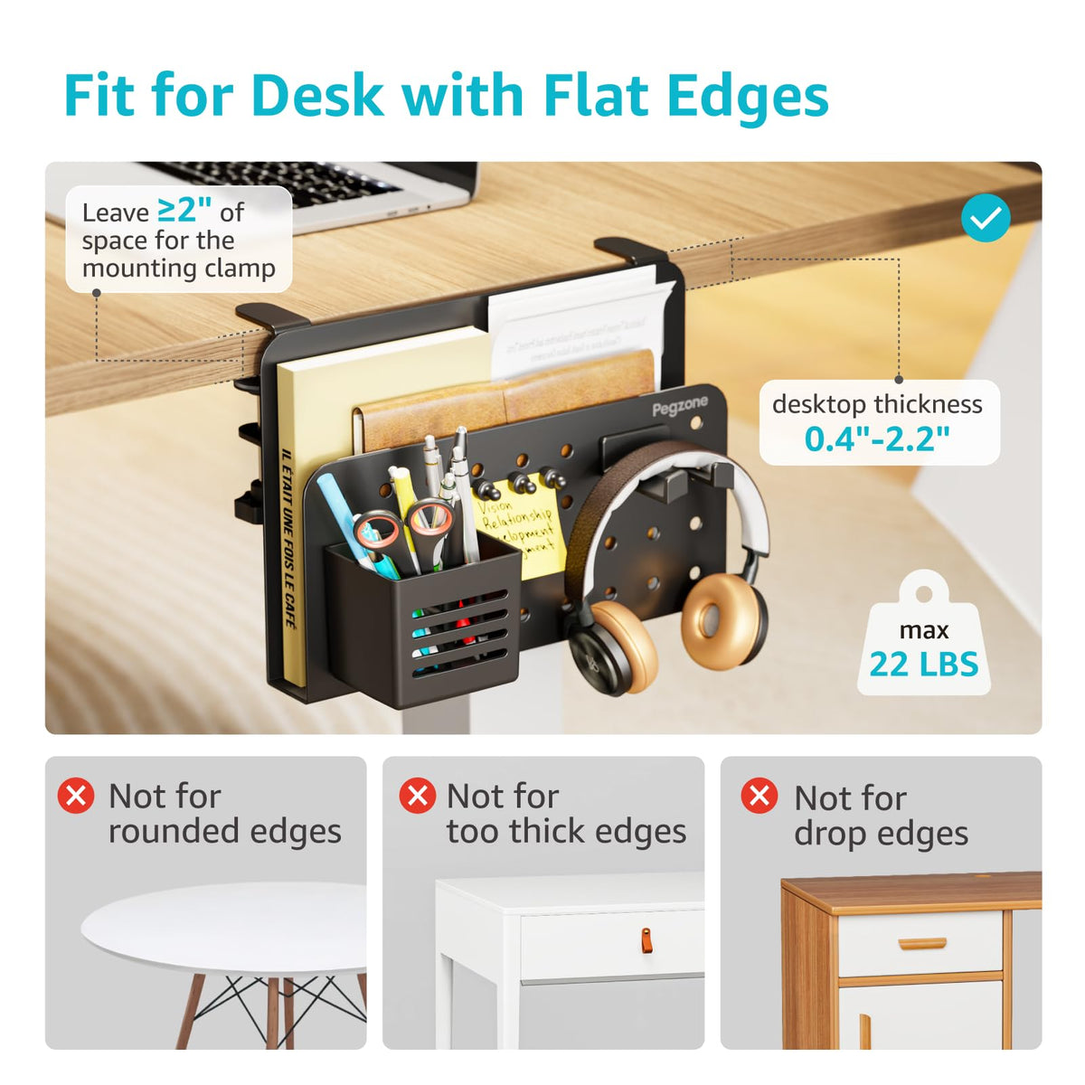 PEGZONE Desk Side Storage Organizer, Fits Flat Edge 0.4" to 2.2", Black