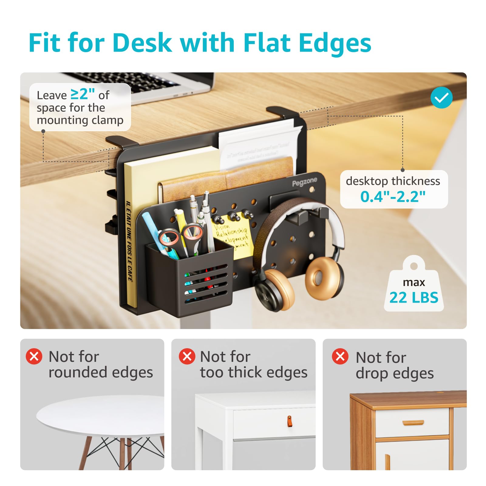 PEGZONE Desk Side Storage Organizer, Fits Flat Edge 0.4" to 2.2", Black