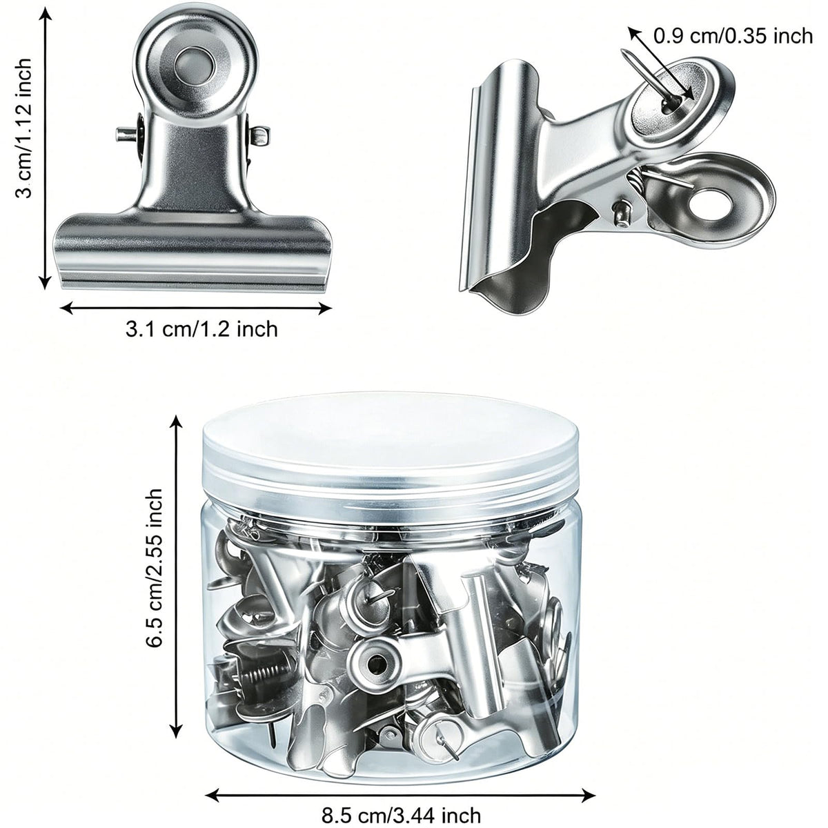 30 Pack Push Pins with Bulldog Clips, Silver, 1.2" Metal No Hole Thumb Tacks for Cork Board