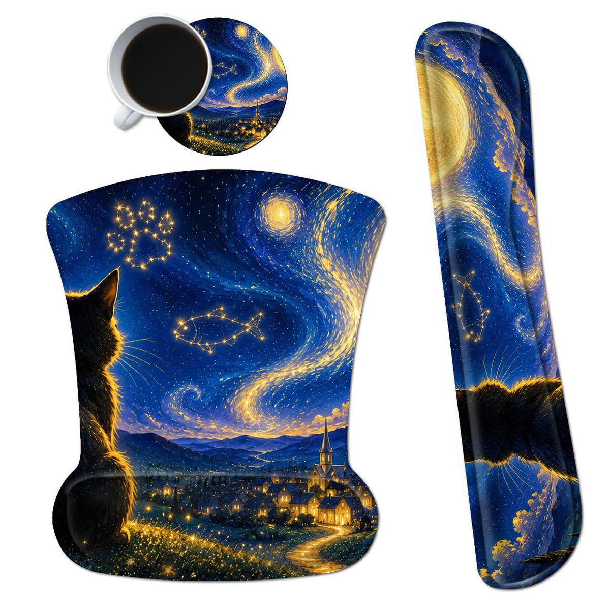 3-in-1 Ergonomic Memory Foam Keyboard Wrist Rest Pad Set, Constellation Cat