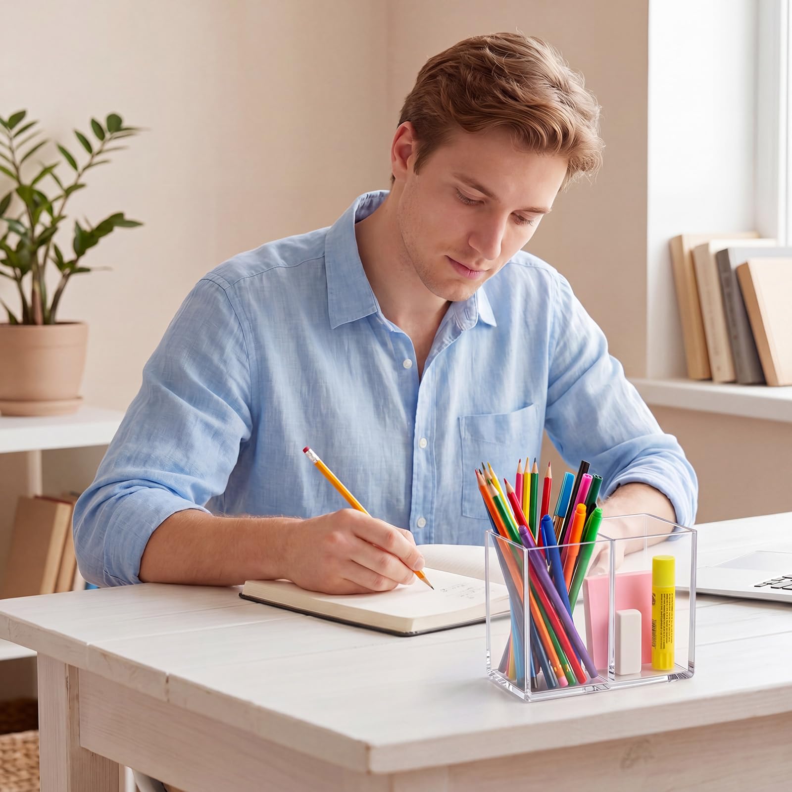 Gejoy 3 Pcs Acrylic Pencil Pen Holder for Desk, Clear 2 Compartment