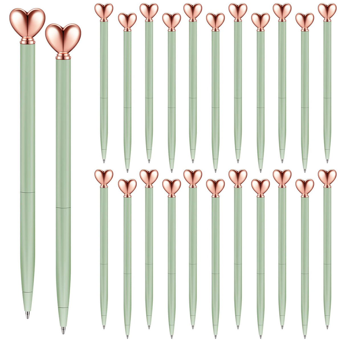 Thenshop Sage Green 24 Pcs Heart Shaped Pens Retractable Metal Cute Pens 1.0 mm Black Ink Ballpoint