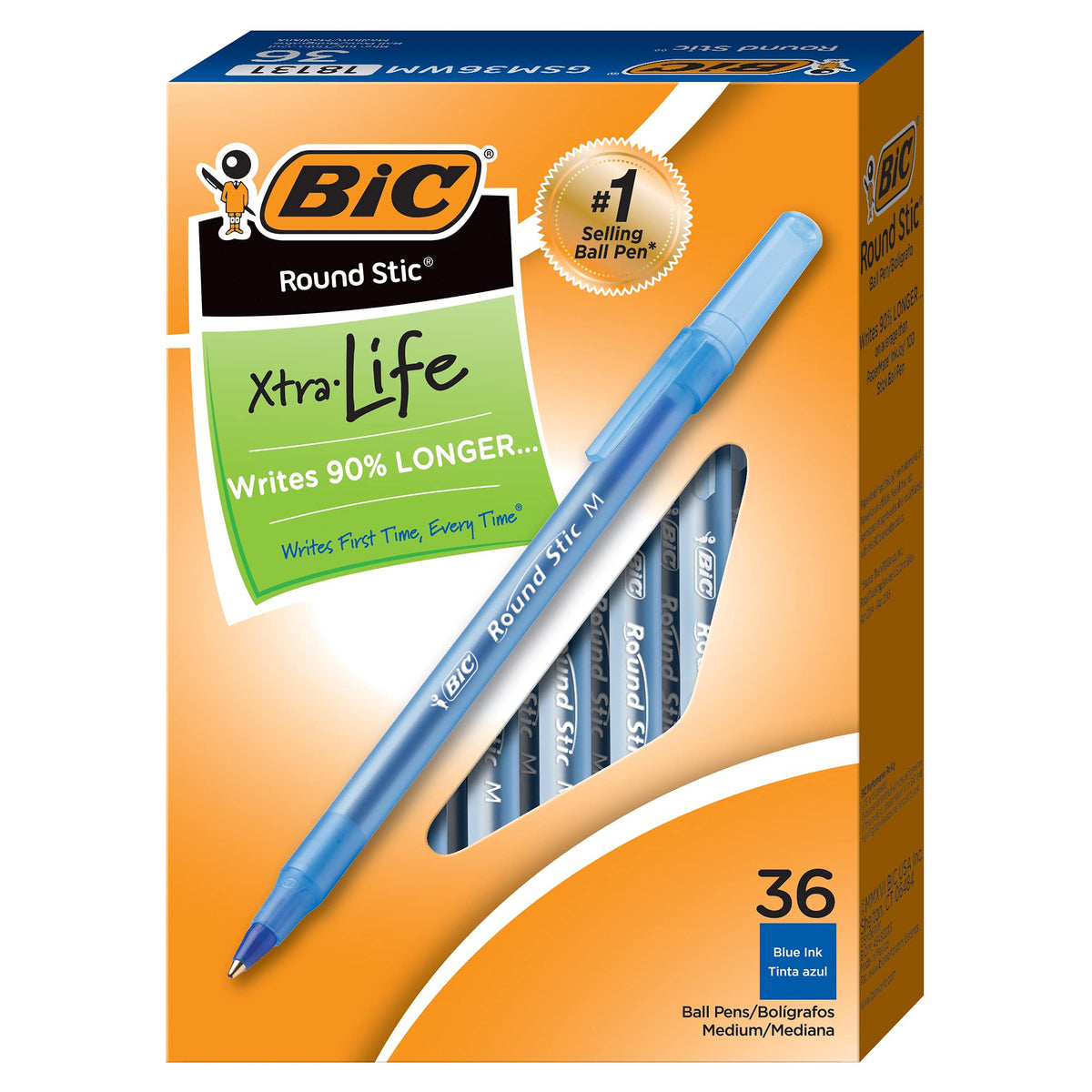 BIC Round Stic Xtra Life Ballpoint Pen, Medium Point (1.0mm), Blue, Flexible Round Barrel For