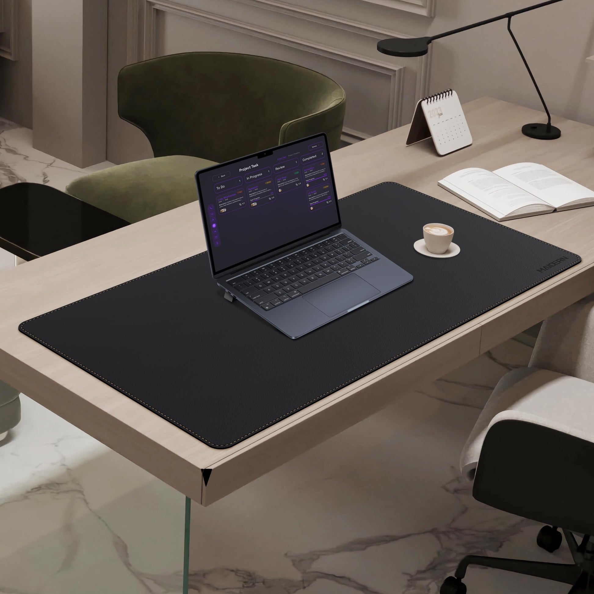 MAIDERN Cork & Leather Desk Mat, 35.4” x 19.6” Reversible Desk Pad(Black)
