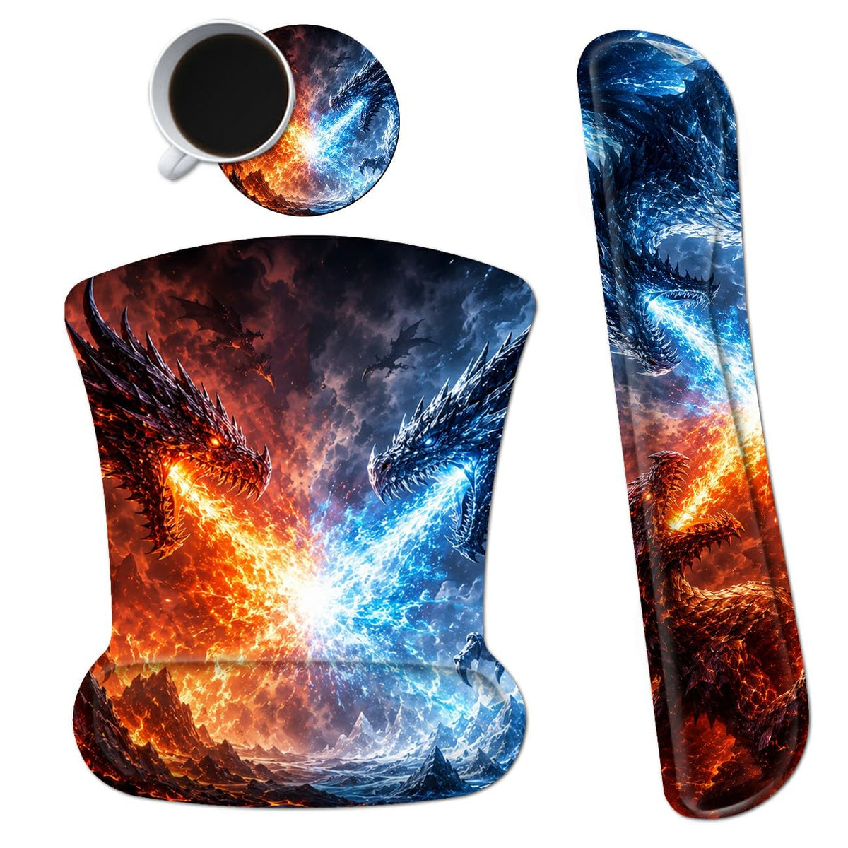 3-in-1 Ergonomic Memory Foam Keyboard Wrist Rest Pad Set, Fire Ice Dragon