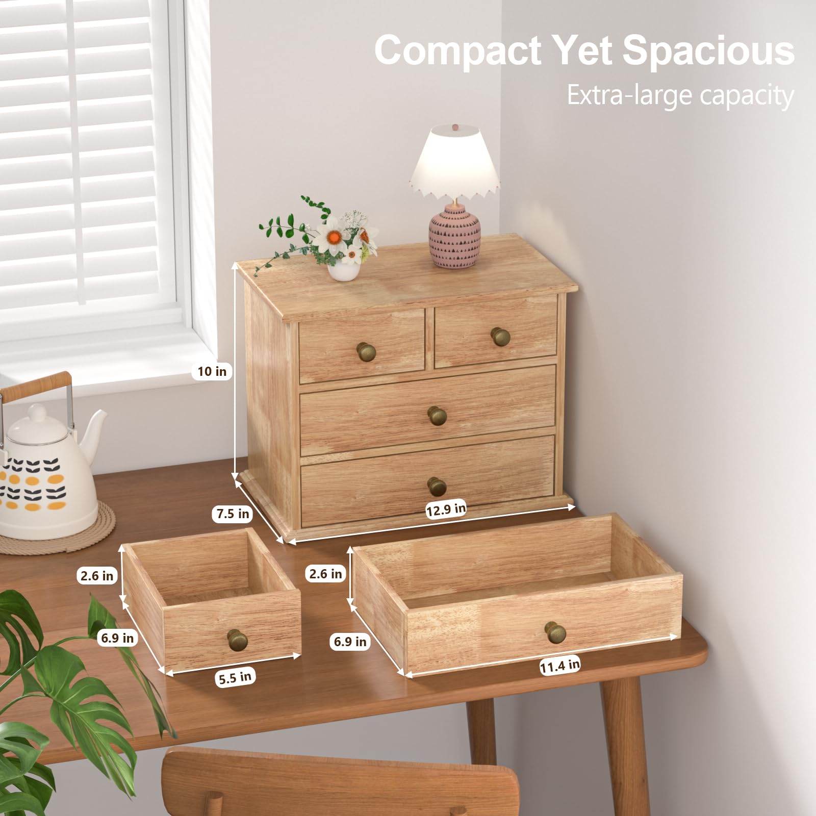 Oak Desk Organizer with Drawers, Durable Wooden Desktop Storage Box