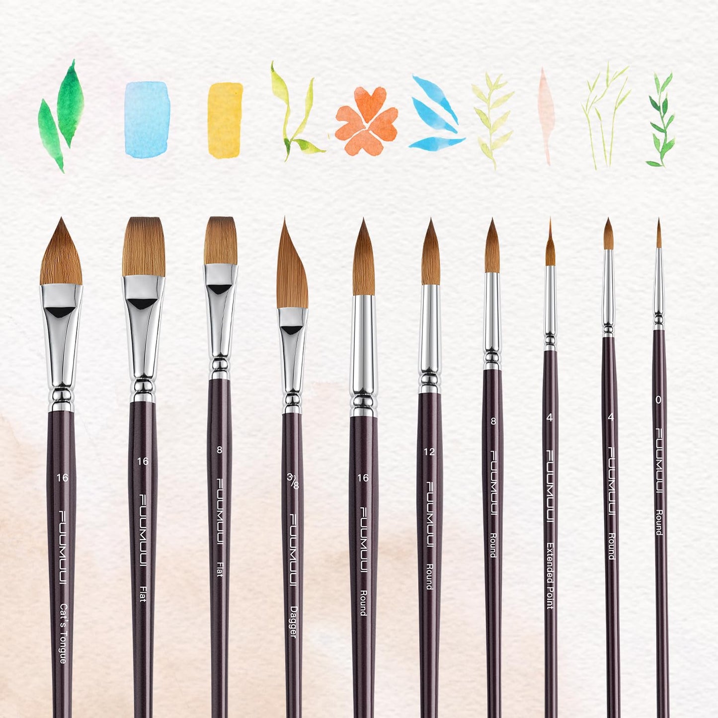 Fuumuui Sable Watercolor Brushes, Professional 10Pcs Sable Paint Brush Set Variety Shapes with