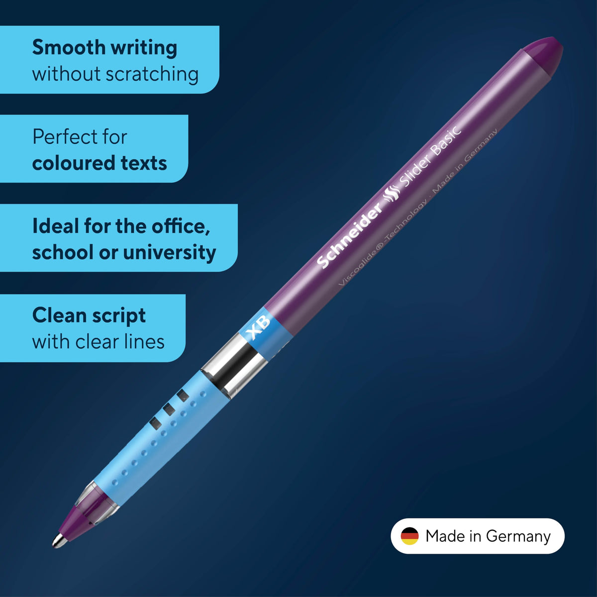 Schneider Slider Basic XB (Extra Broad) Ballpoint Pen, 1.4 mm, Transparent Barrel, Violet Ink, Box