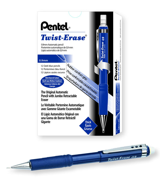 Pentel Twist-Erase III Mechanical Pencil, (0.9mm), Blue Barrel, Box of 12 (QE519C)