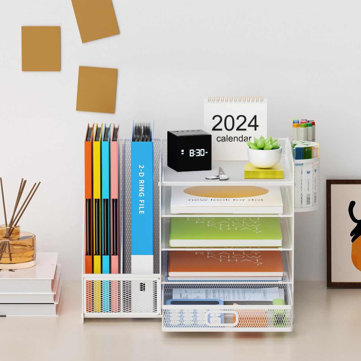 Lavatino Desk Organizer with File Holder, 5-Tier Paper Letter Tray Organizer with Sliding Drawer