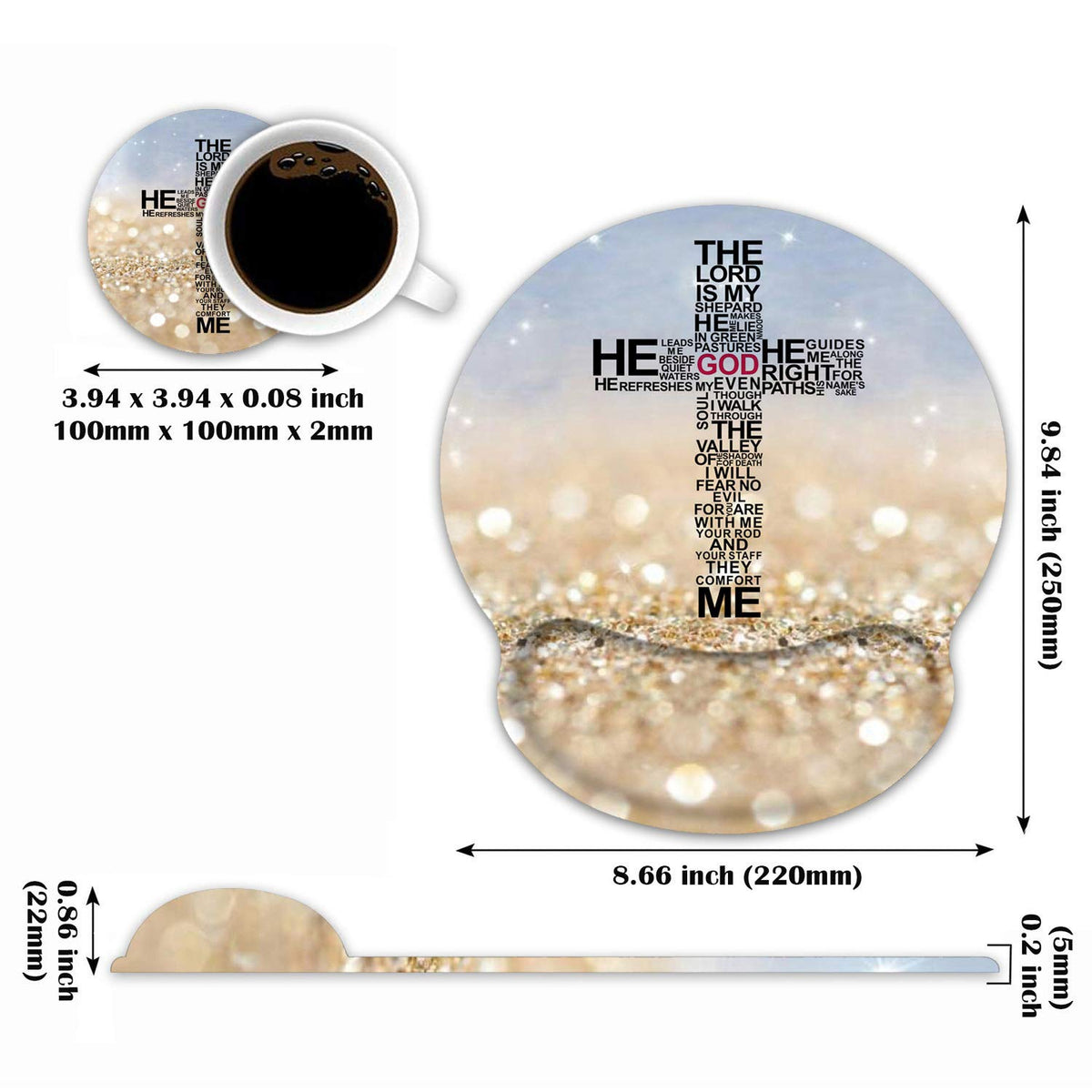 LOWORO Ergonomic Mouse Pad Wrist Support with Coasters Set, Rainbow Glitter God Jesus Christian