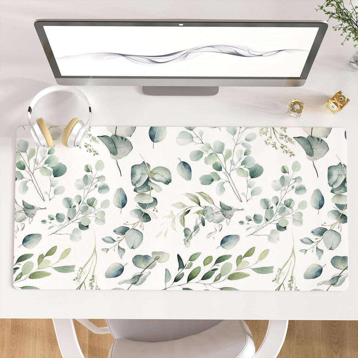 Leather Large Mouse Pad, Office Desk Mat, 31.5"x15.7", Eucalyptus Leaves