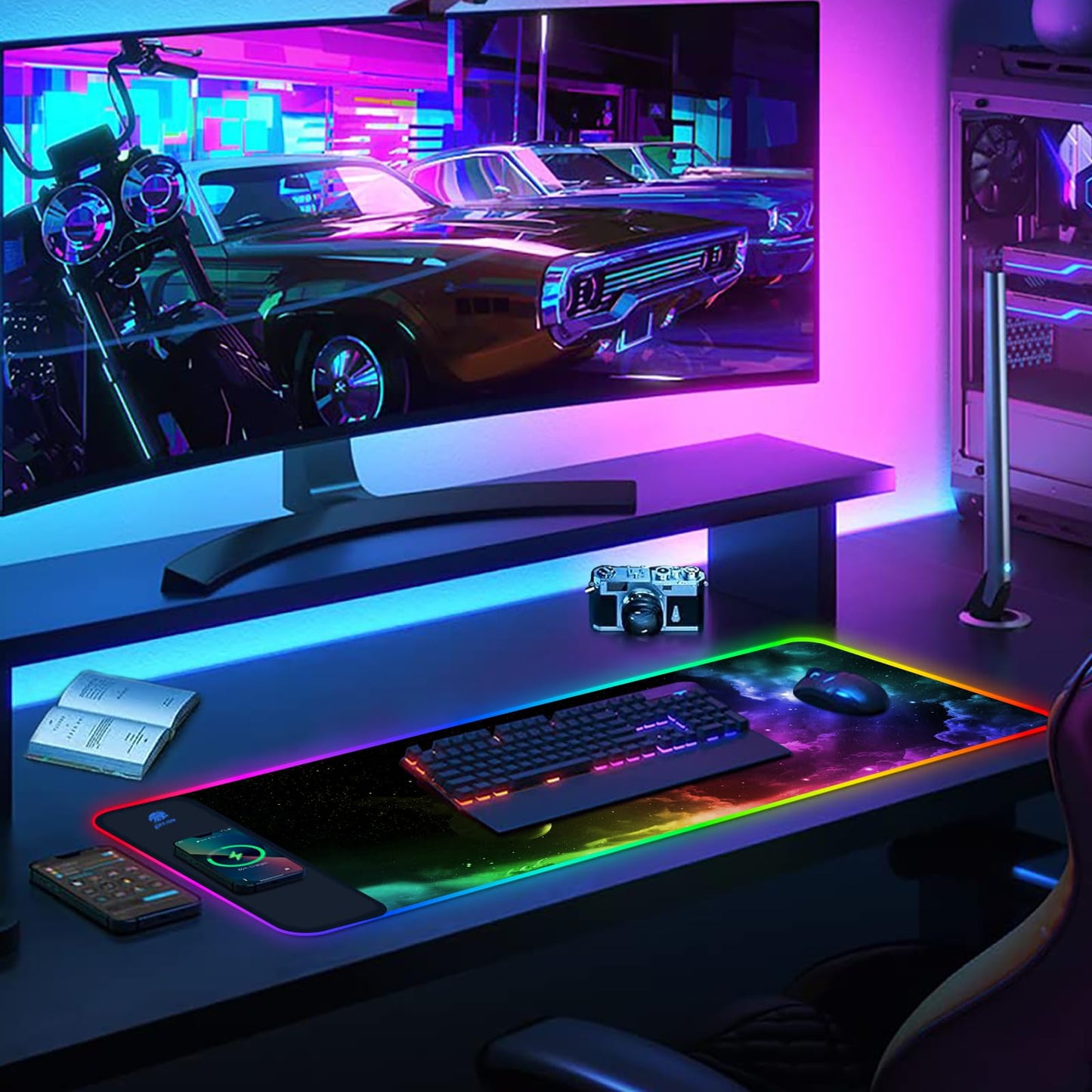 AIMSA Wireless Charging RGB Gaming Mouse Pad 15W, Extended LED Desk Mat Protector 800x300x4MM, 14