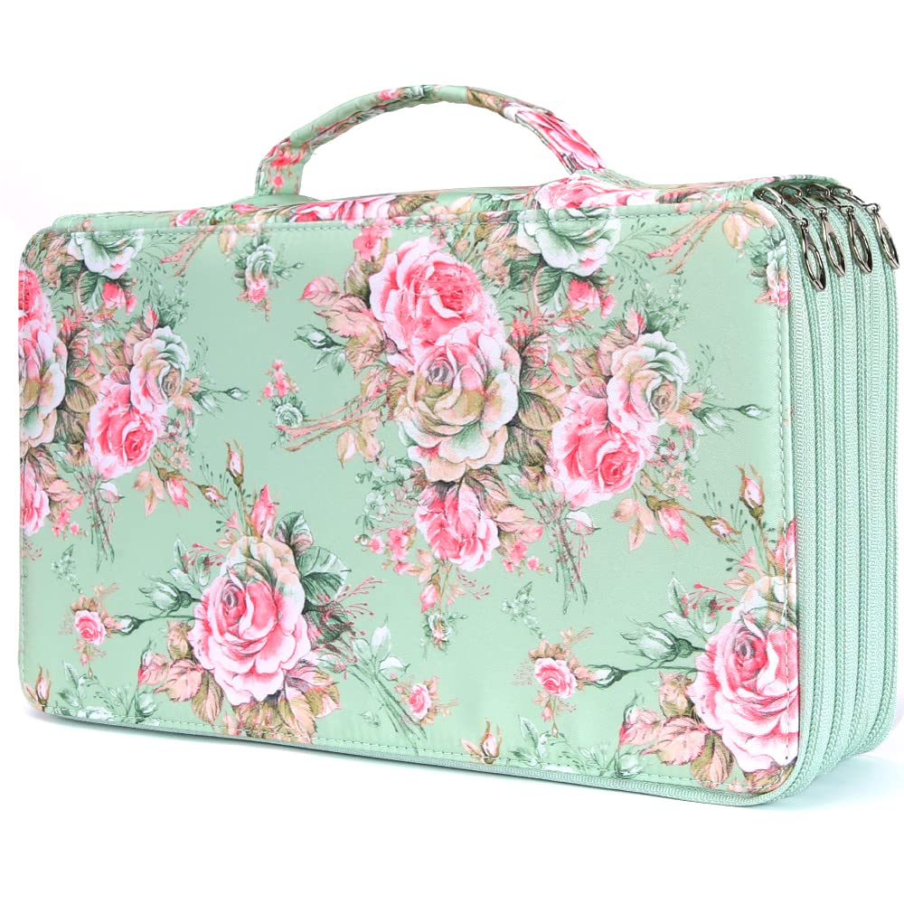 Vomgomfom 300 Slots Marker Case 4-Layer PU Leather, Handle, Grenn Rose