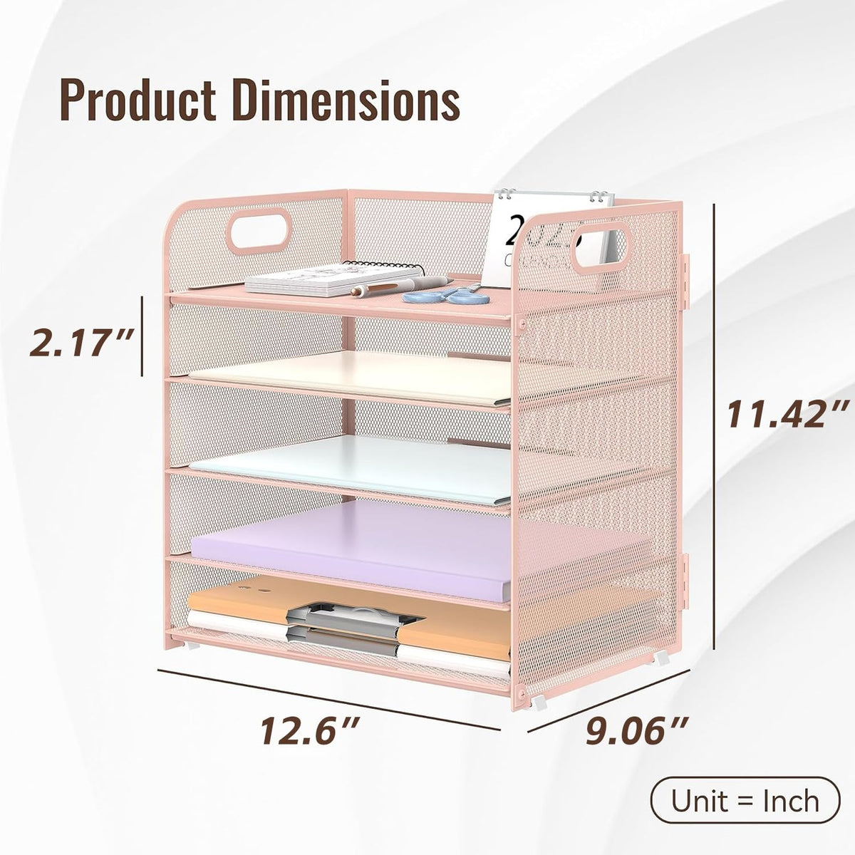 2 Pack 5-Tier Pink Desk Organizer with Handle Mesh Desk File/Paper Organizer Letter Tray for