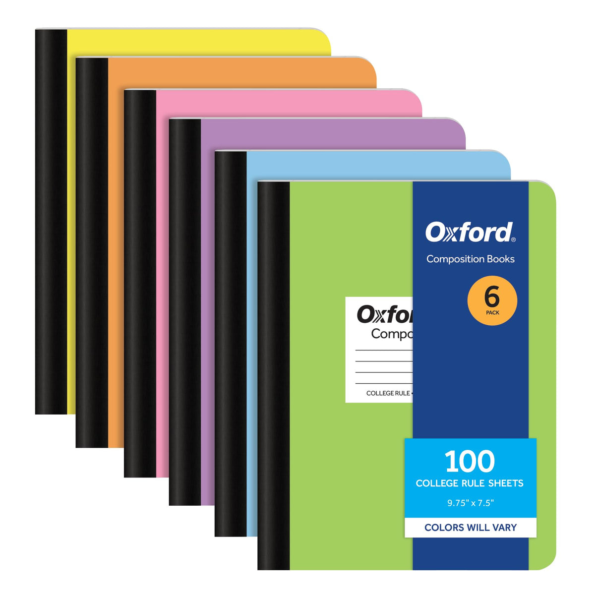 Oxford Composition Notebooks, 6 Pack, Cover Colors Vary, College Ruled Paper, 9-3/4 x 7-1/2 Inch