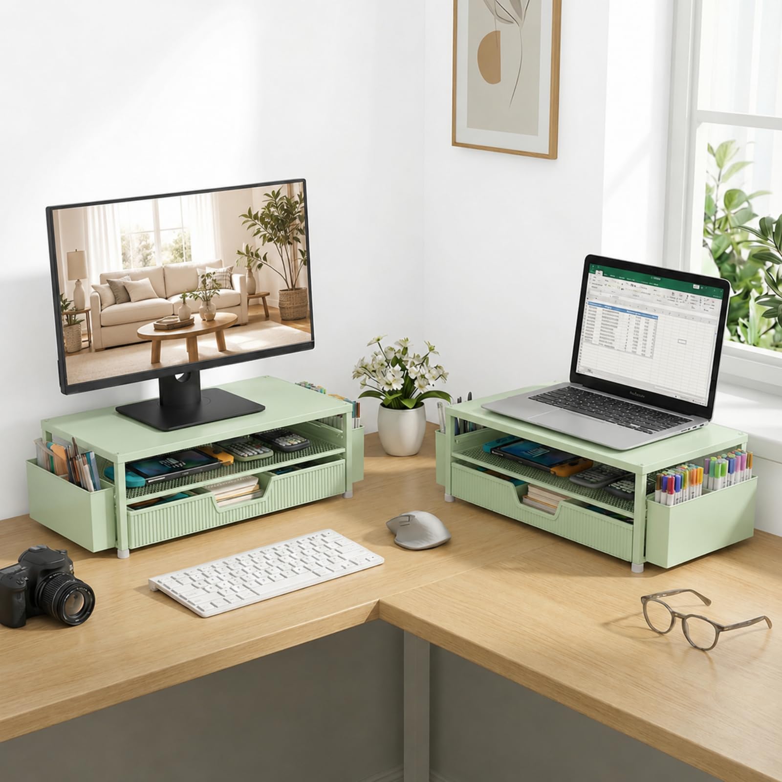 ECOLOVI Desk Organizer and Accessories, 2-Tier Computer Monitor Stand Rise with Storage Drawer & 2