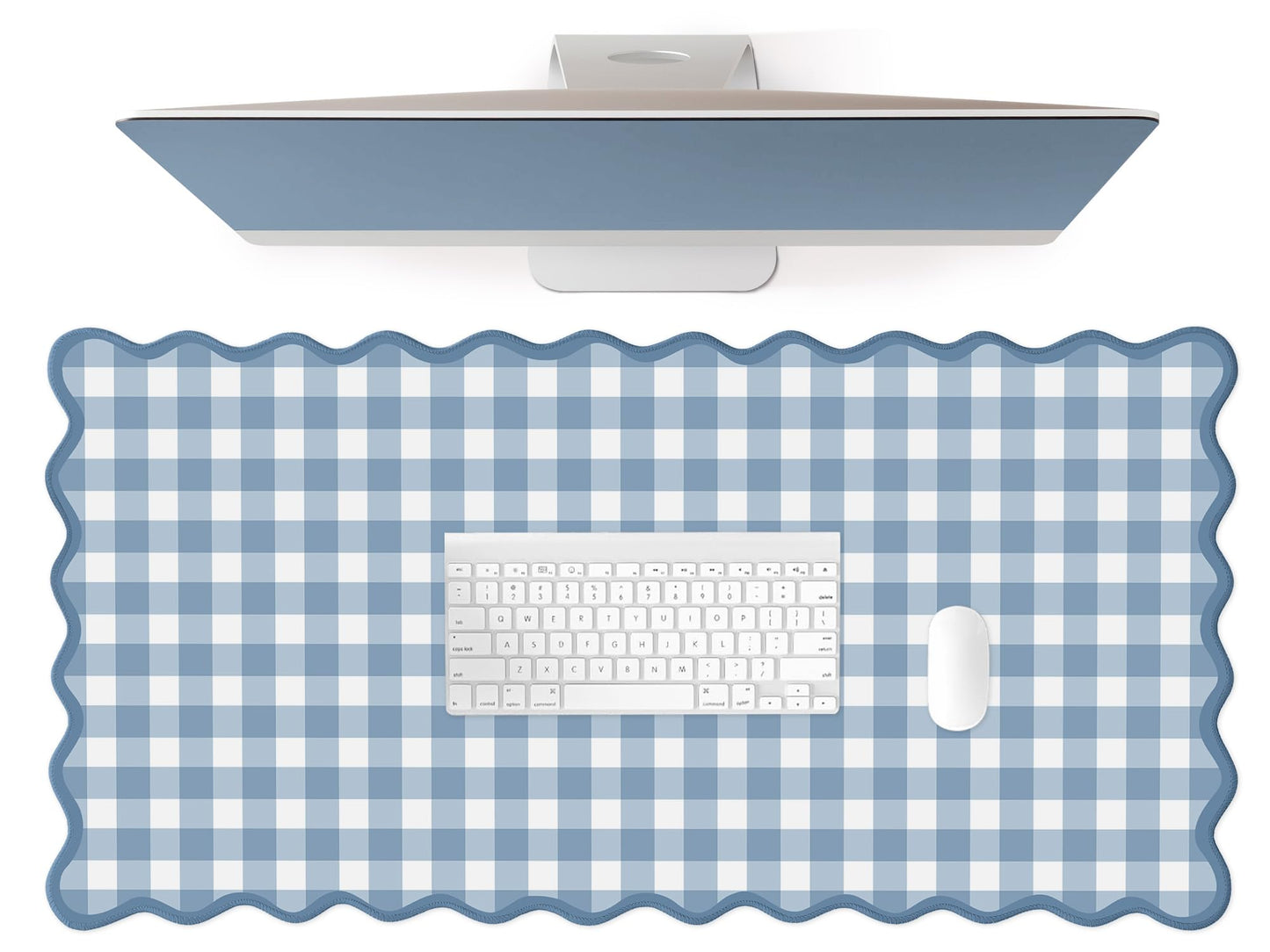ohisxiacy Scalloped‌ Blue Checkered Gingham Desk Mat Cute Pastel XXL Large Gaming Mouse Pad Kawaii