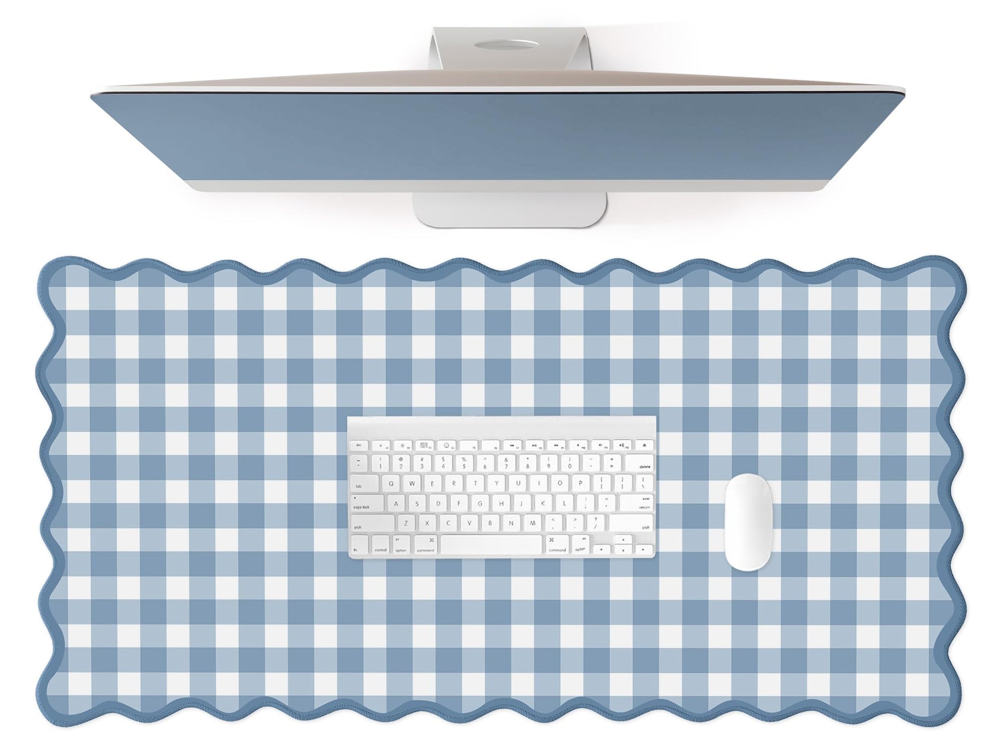 ohisxiacy Scalloped‌ Blue Checkered Gingham Desk Mat Cute Pastel XXL Large Gaming Mouse Pad Kawaii