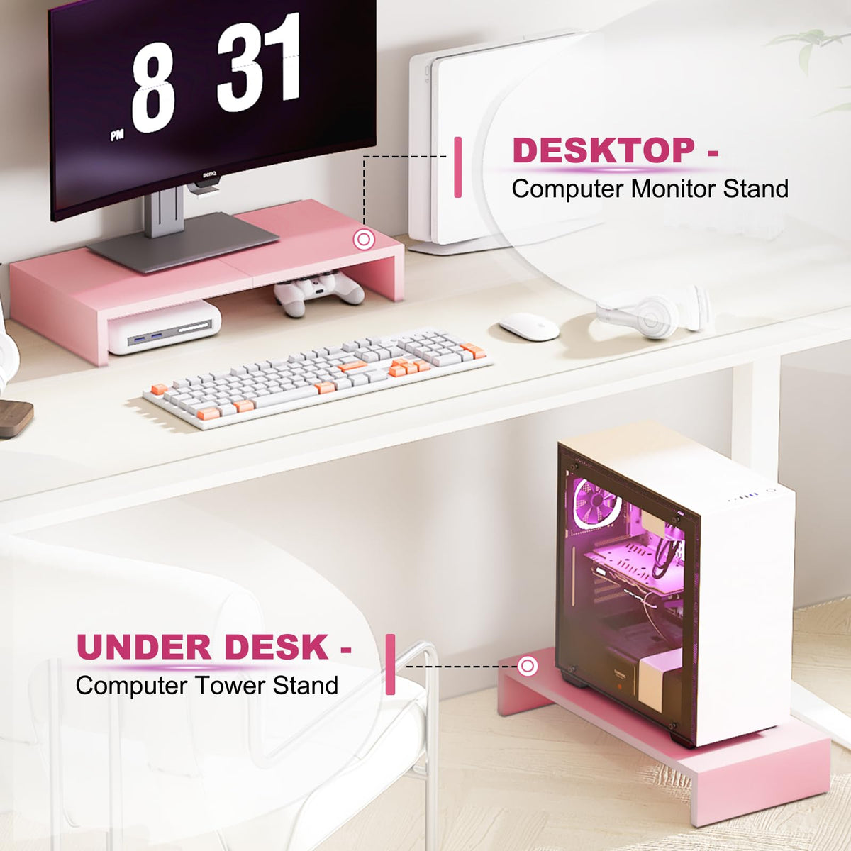 TEAMIX Pink Monitor Riser-20L inch, Wood Monitor Stand for Desk, Sturdy TV/Screen/PC/Printer/Laptop