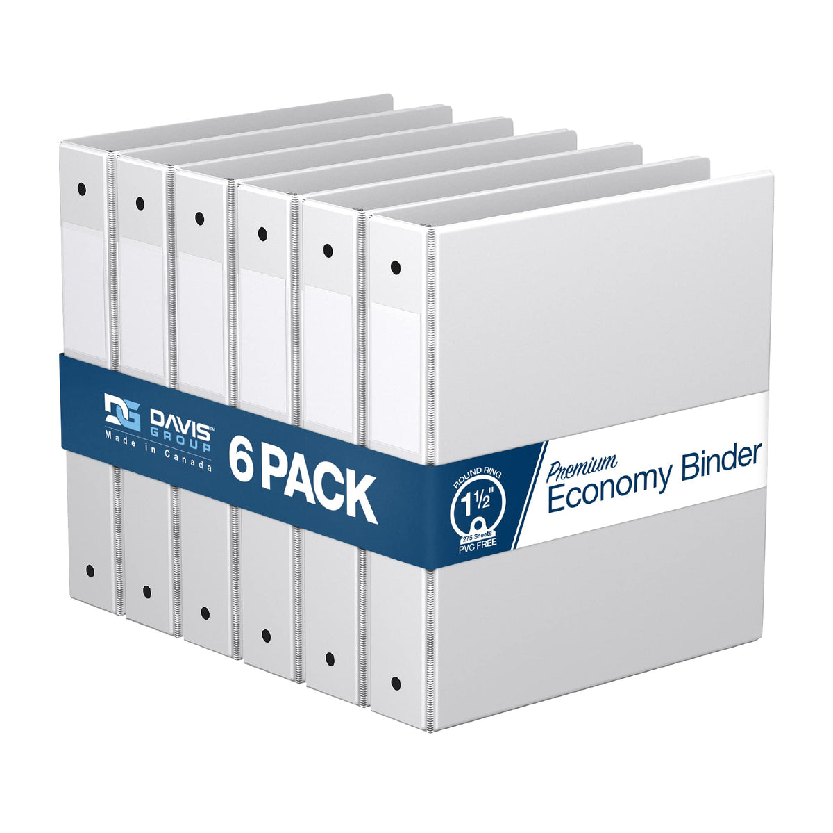 Premium Economy 3-Ring Binder, Spine Label, 1.5" Round Rings, White, 6 Pack
