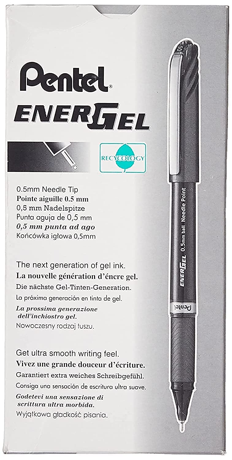 Pentel ENER-GEL NV Liquid Gel Pen, 0.5mm, Fine Line Capped, Needle Tip, Black Ink, Box of 12