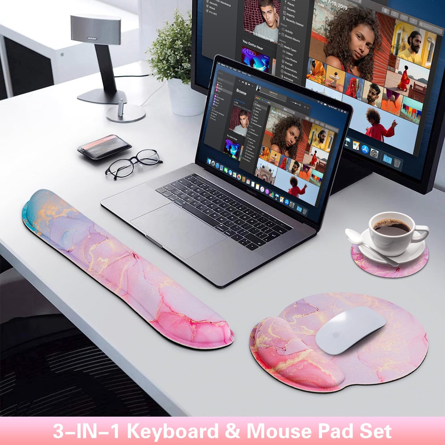 Mouse Pad with Wrist Rest Pink, 3-in-1 Wrist Support Mousepad Set,
