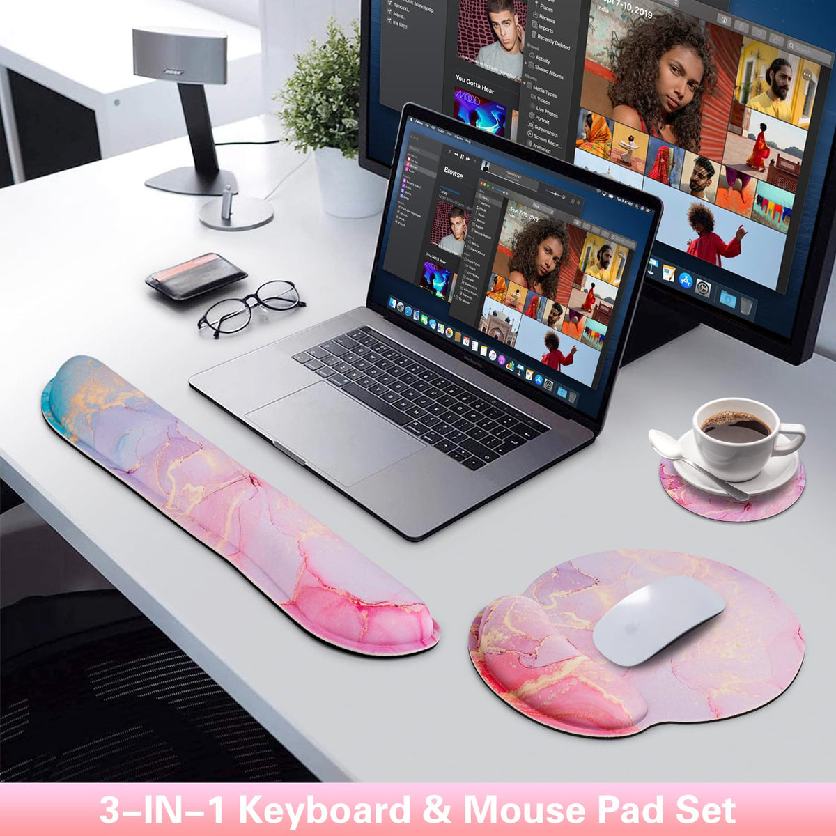 Mouse Pad with Wrist Rest Pink, 3-in-1 Wrist Support Mousepad Set,
