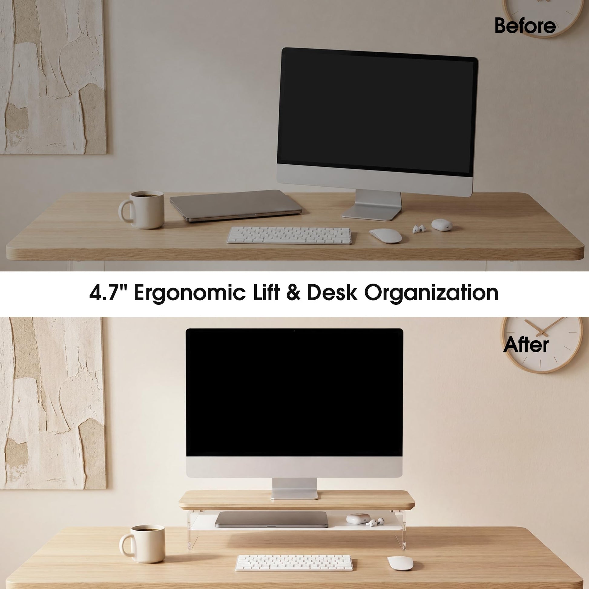 Fenge 23.6" Monitor Stand with Clear Acrylic Legs, Oak