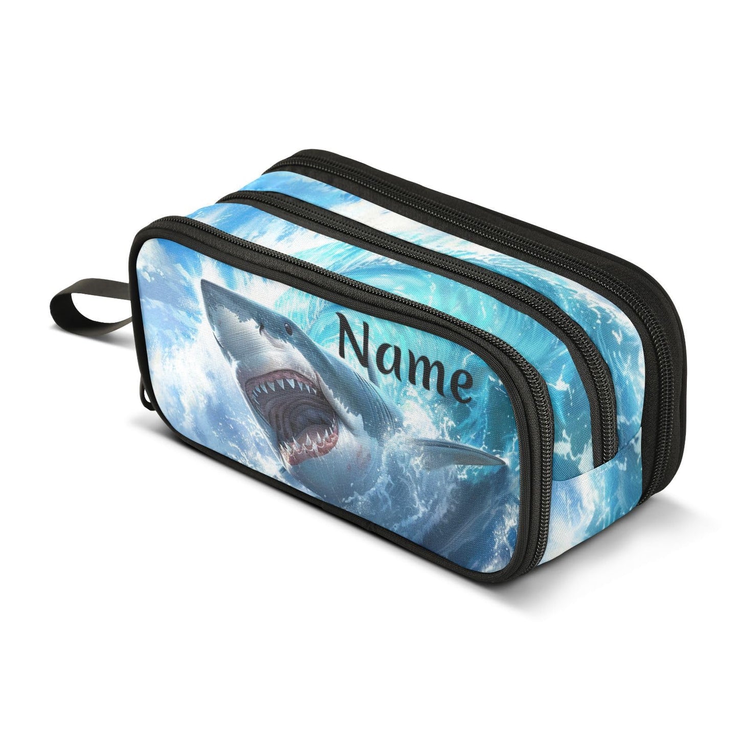 BOENLE Custom Shark Blue Ocean Wave Pencil Case Box Boys Girls Personalized Name Large Pencil Pouch