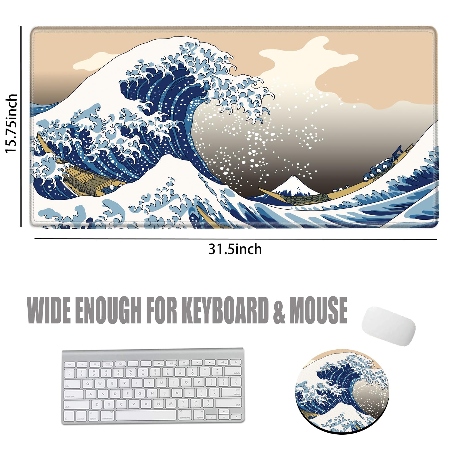 Gaming Mouse Pad Large Mousepad Japanese Sea Wave Desk Mat XXL Big Desk Pad 31.5x15.75 Rubber Base
