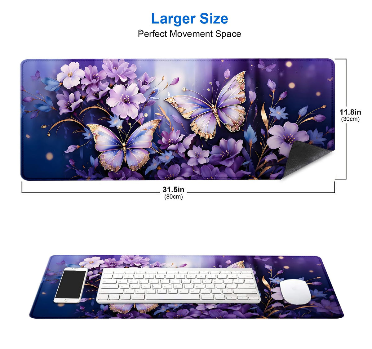IMAYONDIA Gold Butterfly Desk Pad, Purple Flowers Large Mousepad, Floral Desk Mat, Modern Beutiful