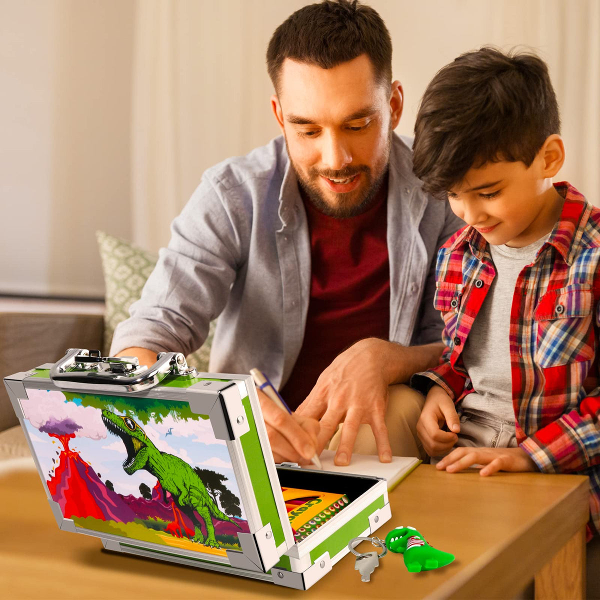 JYPS Dinosaur Pencil Box for Boys & Girls, Lock Box with Portable Handle and Dinosaur Keychain
