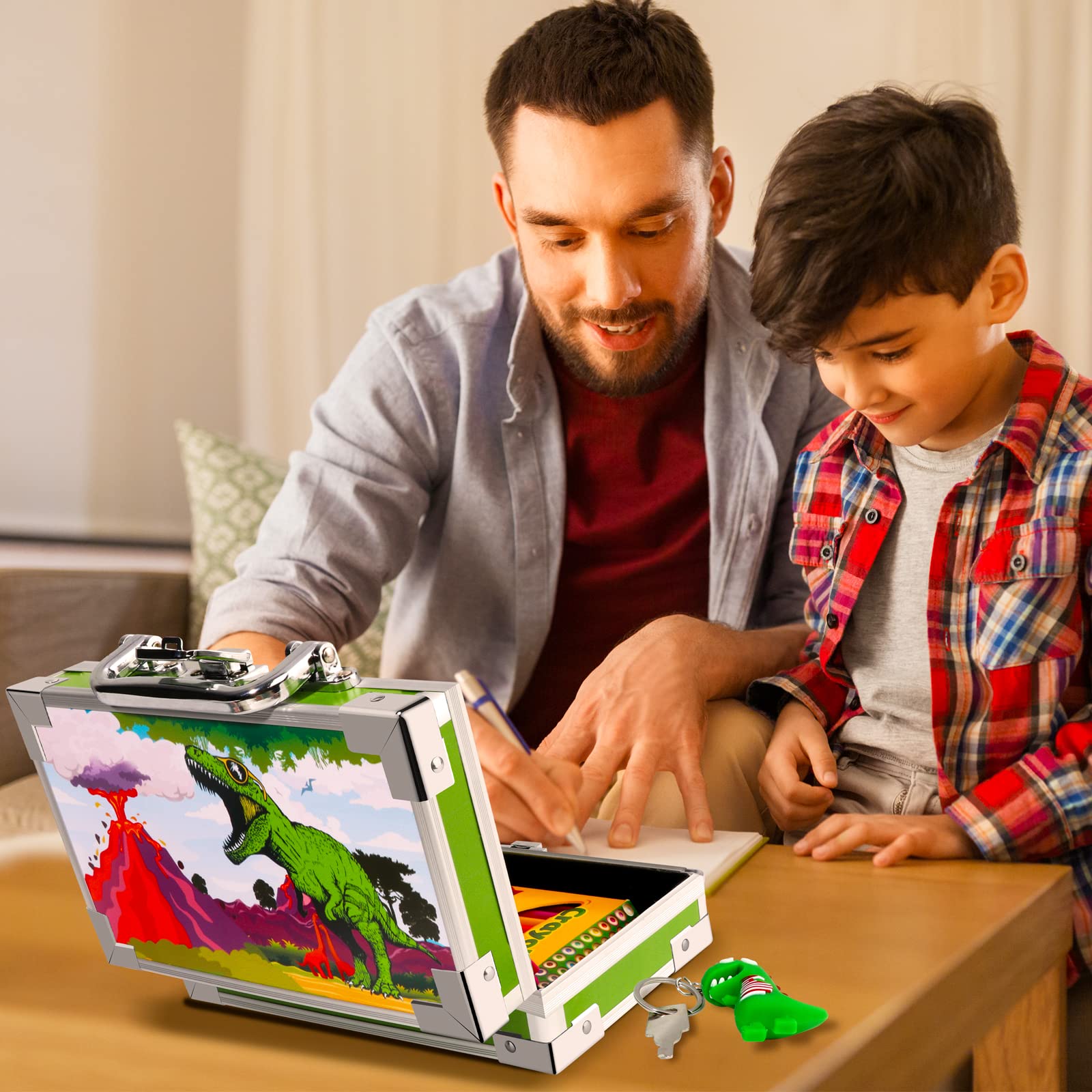 JYPS Dinosaur Pencil Box for Boys & Girls, Lock Box with Portable Handle and Dinosaur Keychain