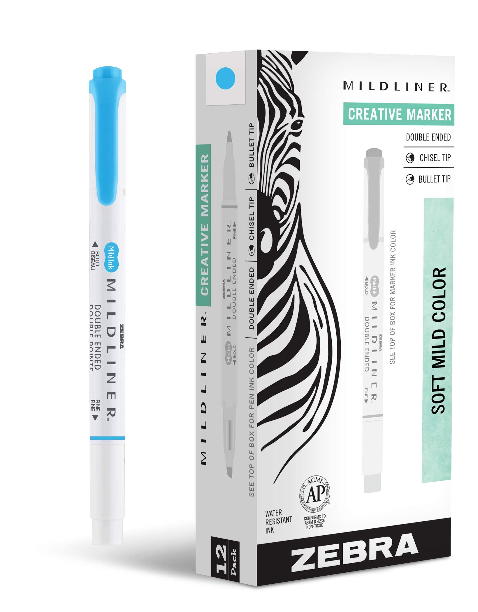 Zebra Pen MILDLINER No Bleed Highlighter, Cyan Color, Dual Tip, 12-Pack
