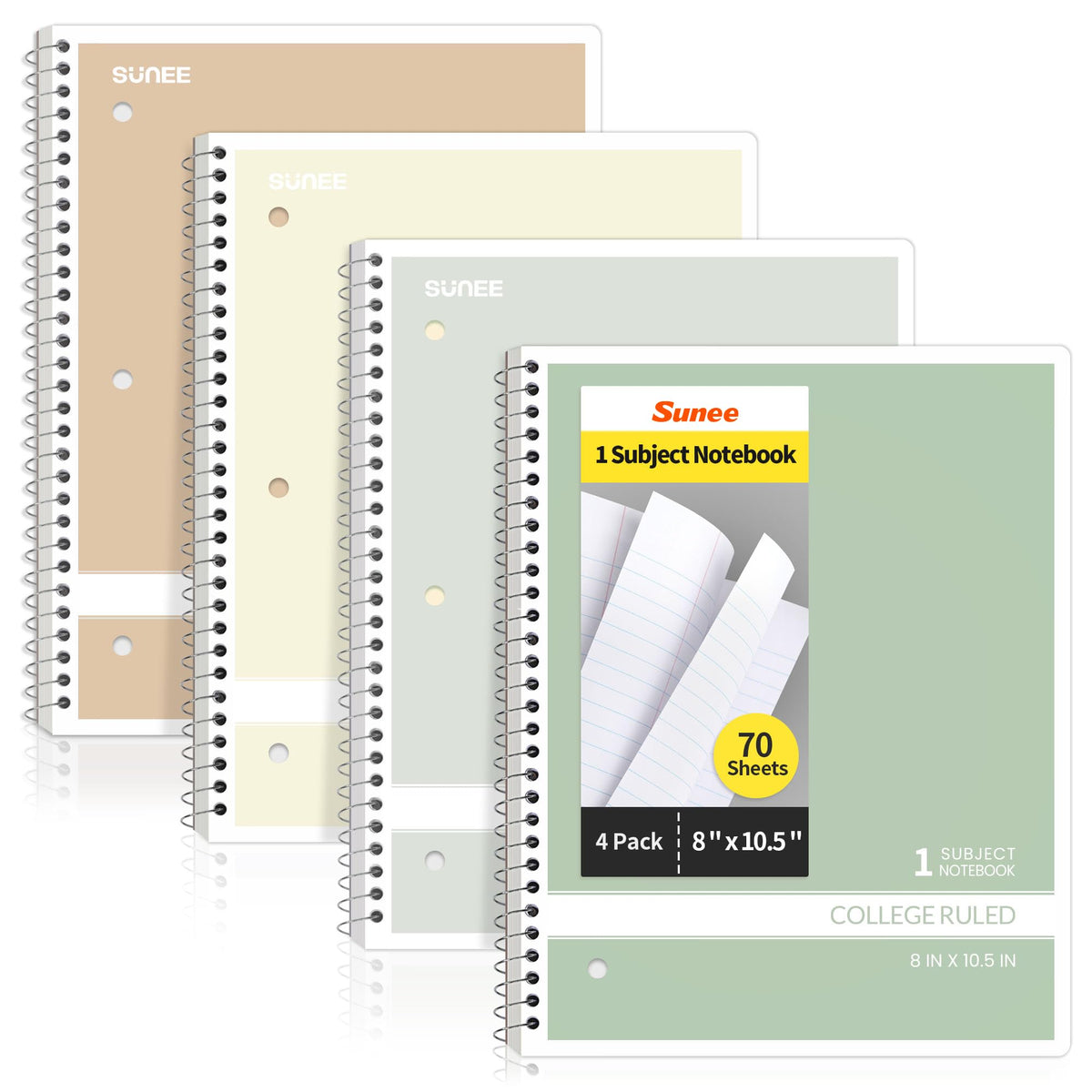 SUNEE Spiral Notebooks College Ruled, 1-Subject, 4 Pack, 8 x 10-1/2 inch, 70 Sheets per Notebook