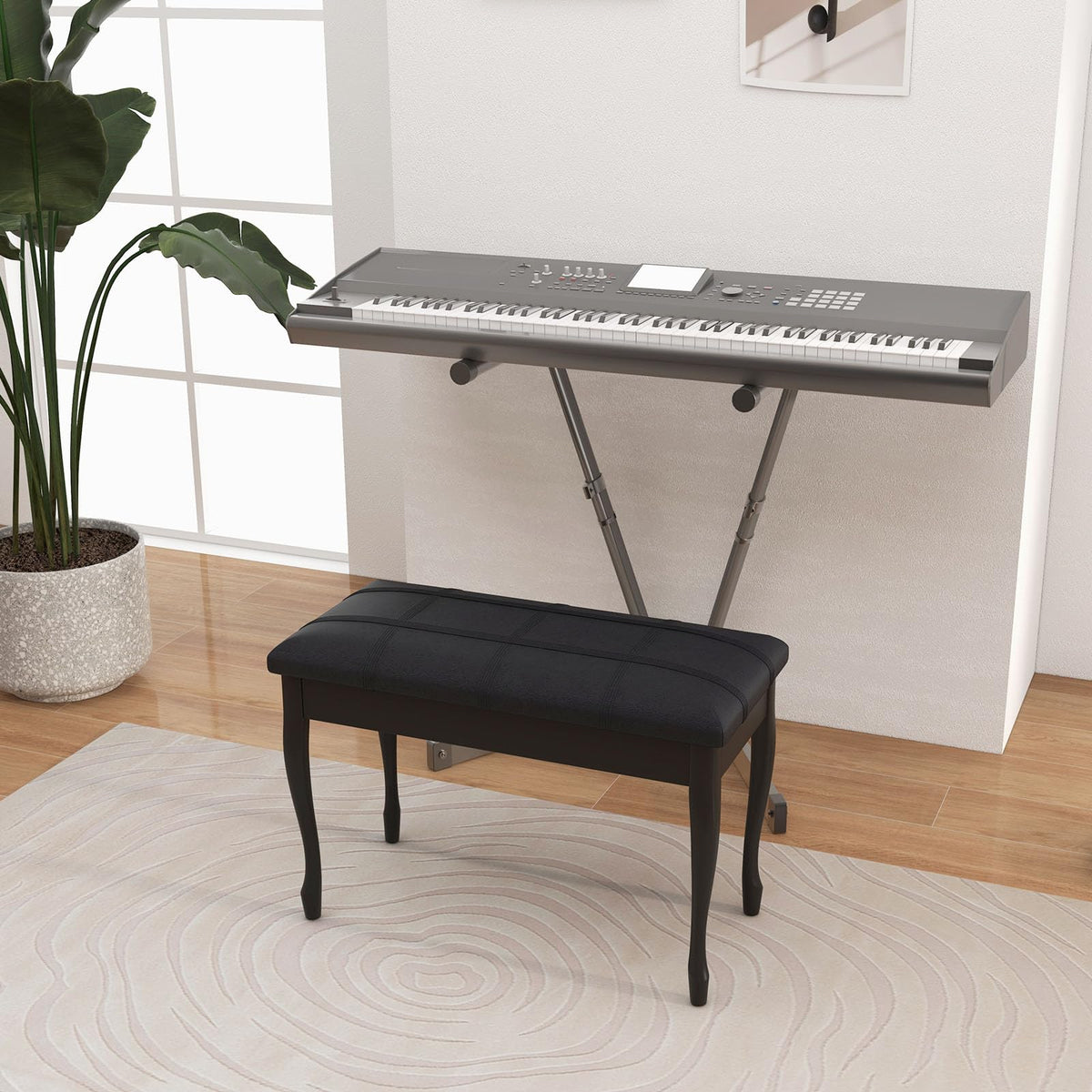 Giantex Duet Piano Bench with Storage, Keyboard Bench with Padded Cushion, Solid Wood Legs, Storage
