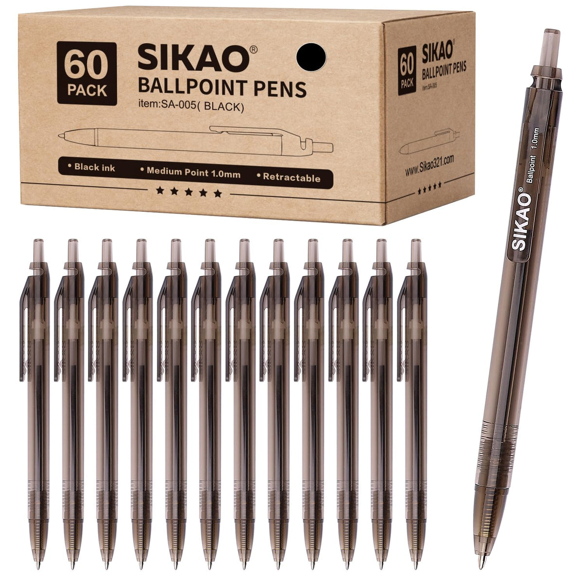Sikao Black Pens Bulk 60 Pack –Smooth Writing 1.0mm Click Black Ballpoint Pens with Translucent
