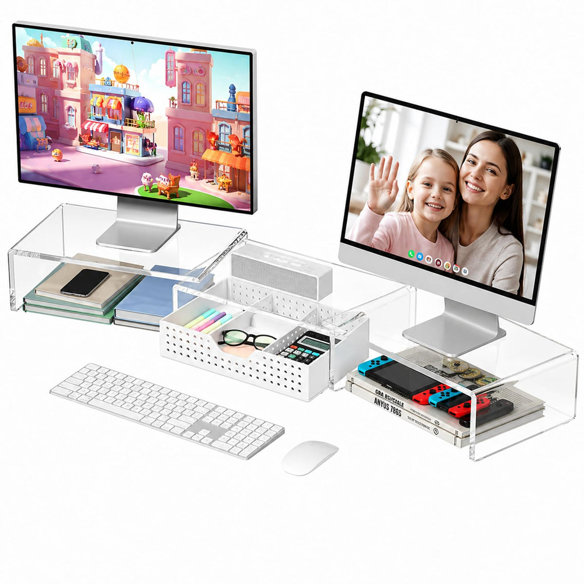 OPNICE Clear Acrylic Desk Organizers and Accessories, Dual Monitor Stand Riser with Drawer and 2