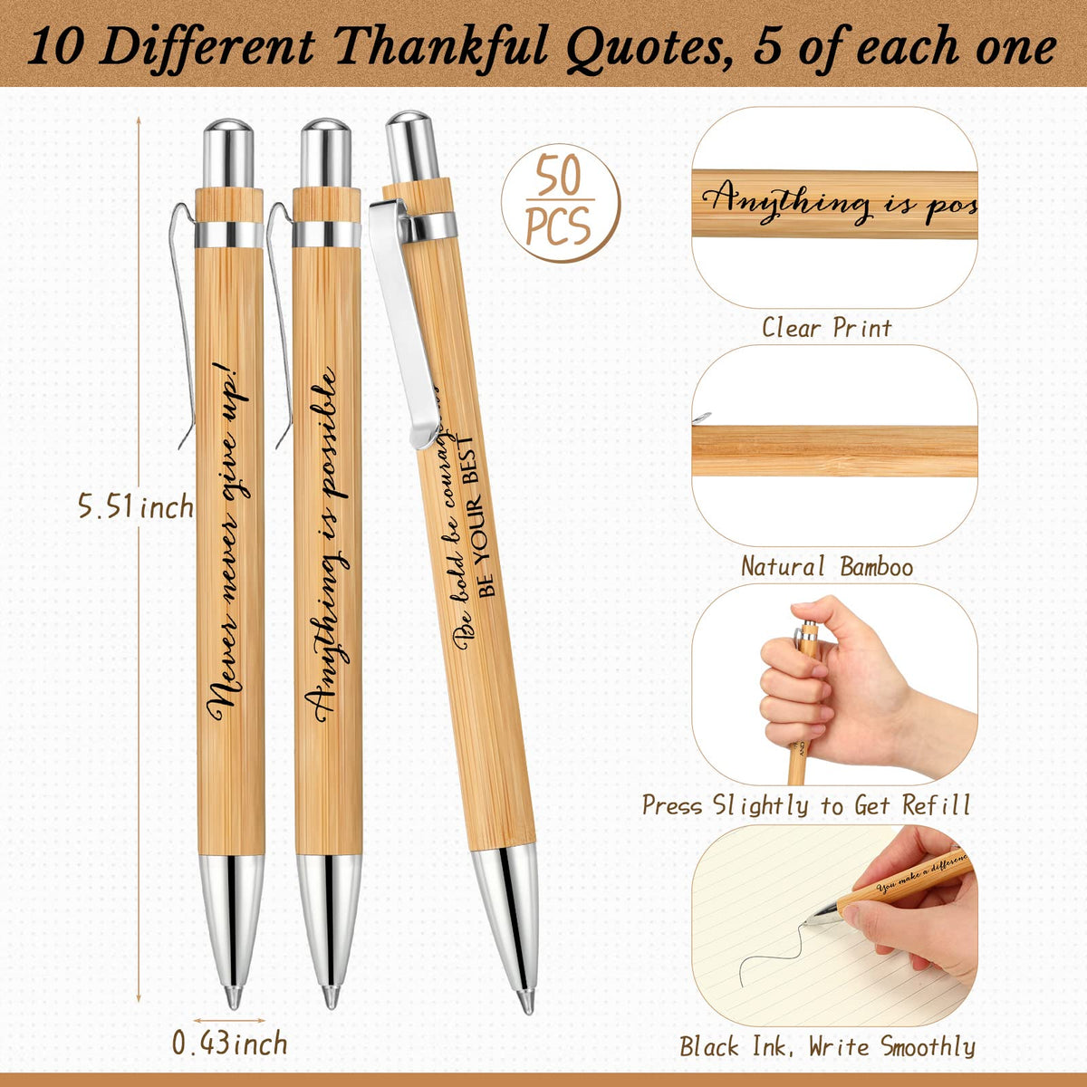 Fulmoon 100 Pcs Employee Appreciation Bamboo Pens with Inspirational Quotes