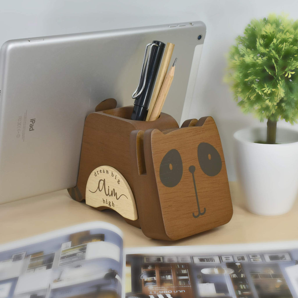 I'm Wood Multipurpose Raccoon Eyeglass Phone Pen & Pencil Holder Stand Stationery Desk Organizer
