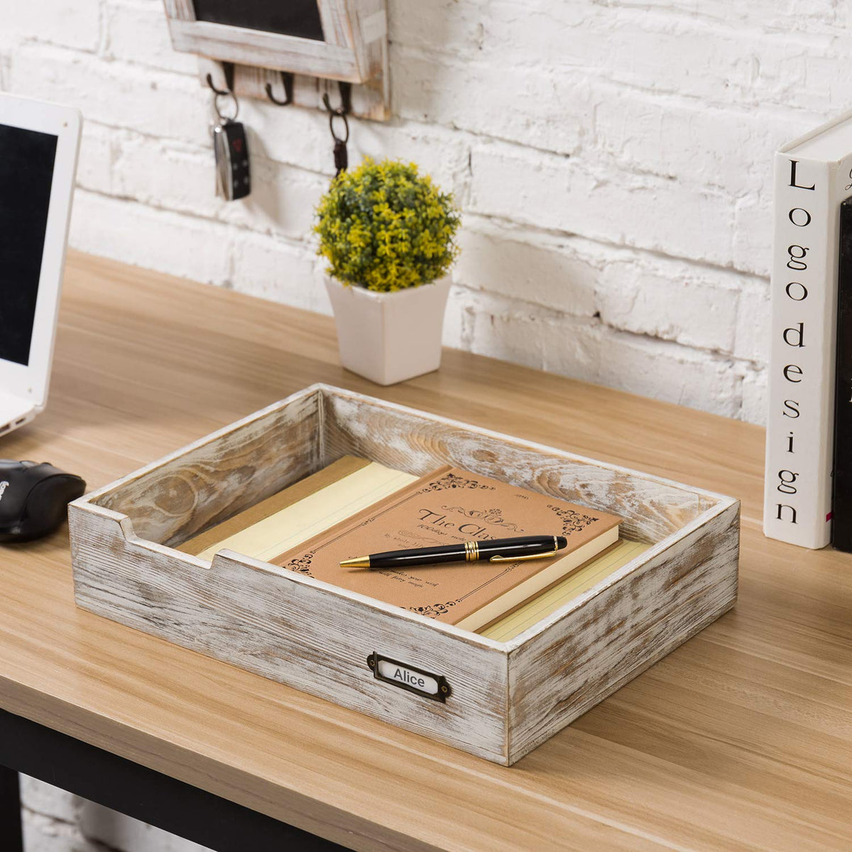 MyGift Whitewashed Wood Letter Tray, Desktop Paper File Organizer Box