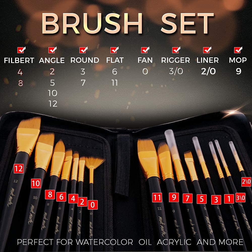 Mont Marte Art Paint Brushes Set, Great for Watercolor, Acrylic, Oil-15 Different Sizes Nice Gift